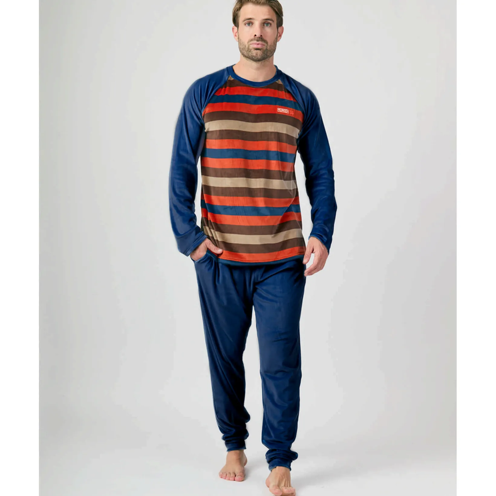 Pijama MUNICH hombre dos piezas de terciopelo marino-multicolor.