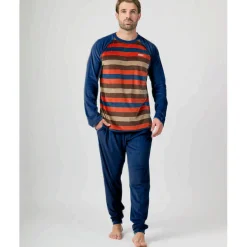 Pijama MUNICH hombre dos piezas de terciopelo marino-multicolor.