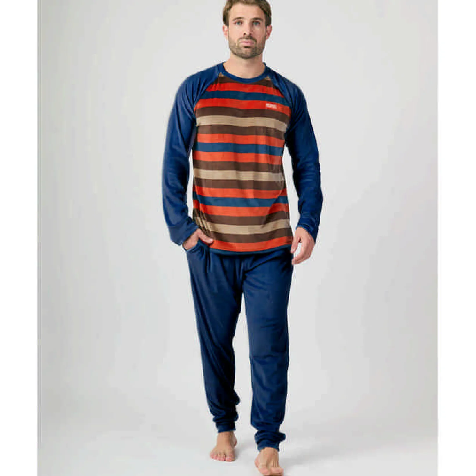 Pijama MUNICH hombre dos piezas de terciopelo marino-multicolor.