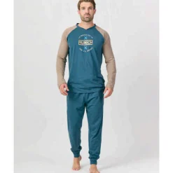 Pijama MUNICH hombre dos piezas de algodón azul-marrón.