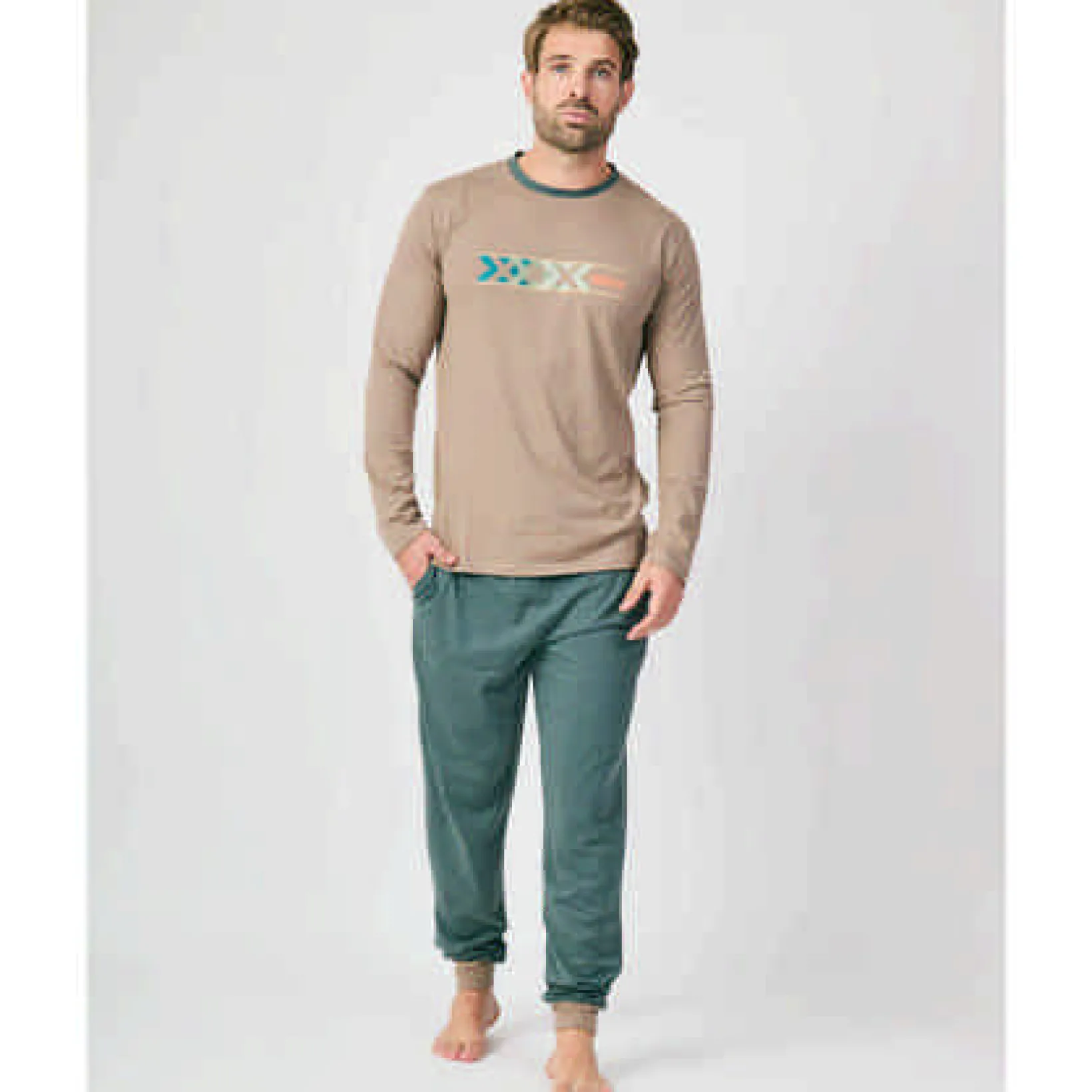 Pijama MUNICH hombre dos piezas de algodón marrón-verde.