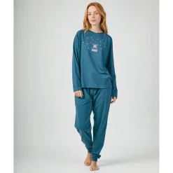 Pijama MUNICH mujer dos piezas de algodón azul.